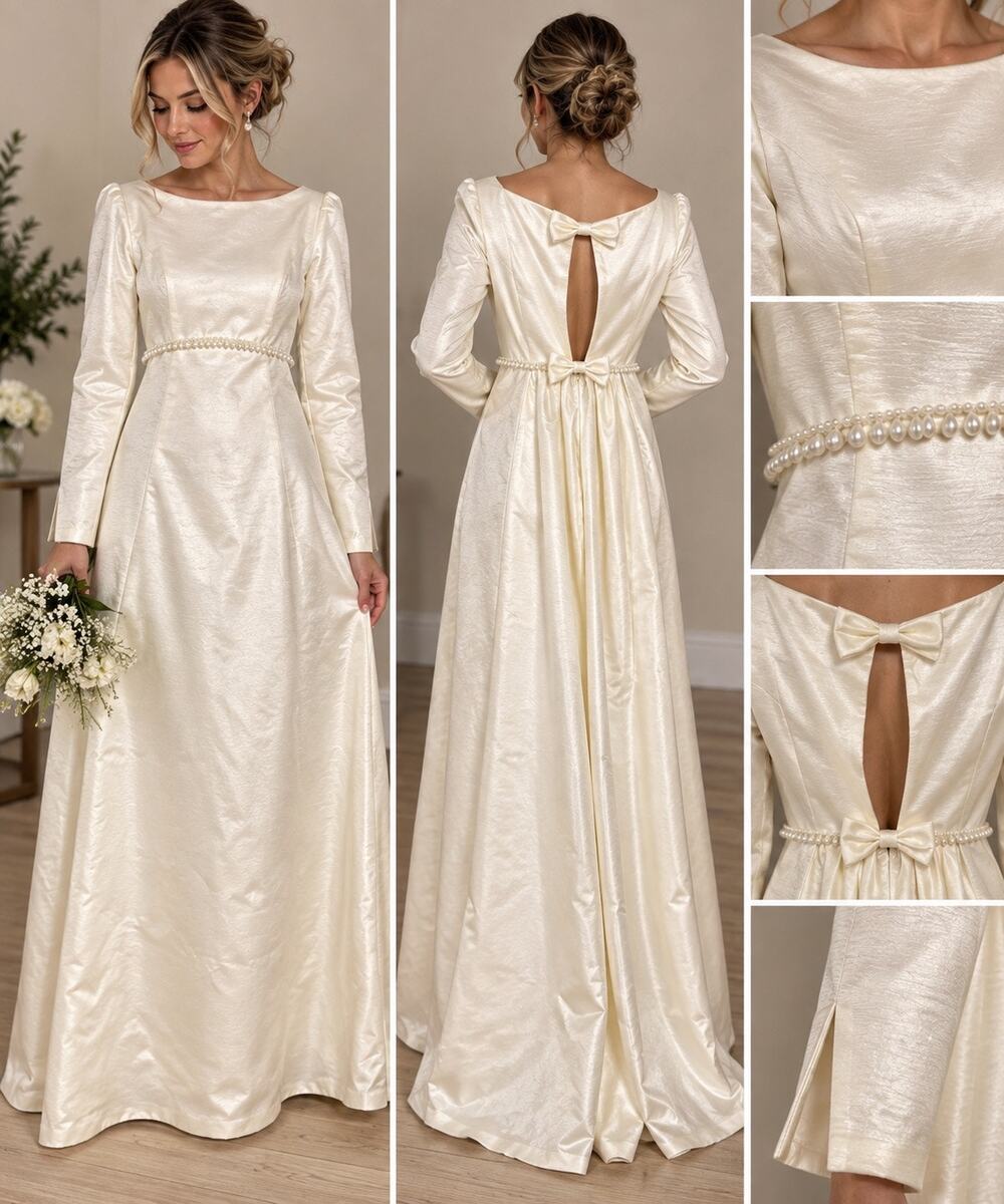 Vintage Morrie Deb Ivory Wedding Gown Size 9 ILGWU Pearl Waist Bow Back